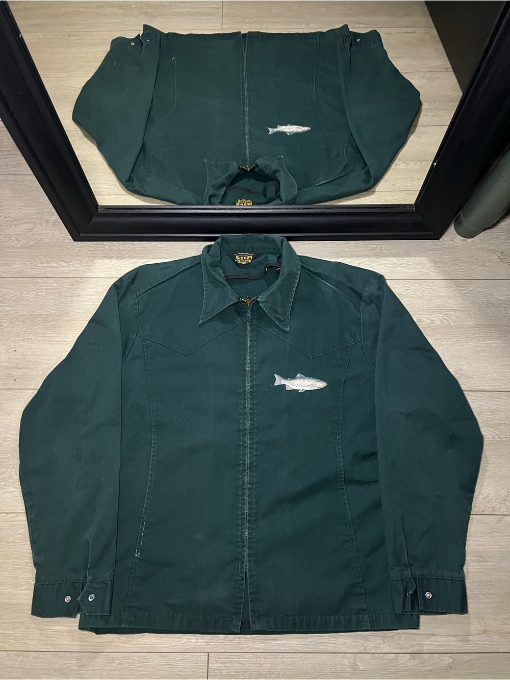 Vintage 1970s Sixgun Embroidered Fish Hunter Green Zip Up Western Workwear Jacke